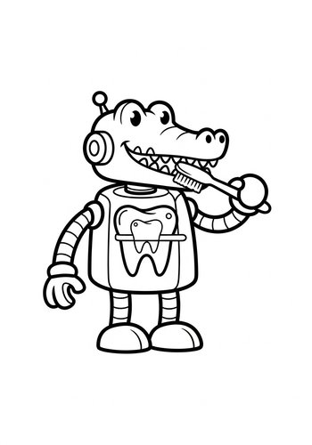 Robot Alligator Brushing Teeth Coloring Page