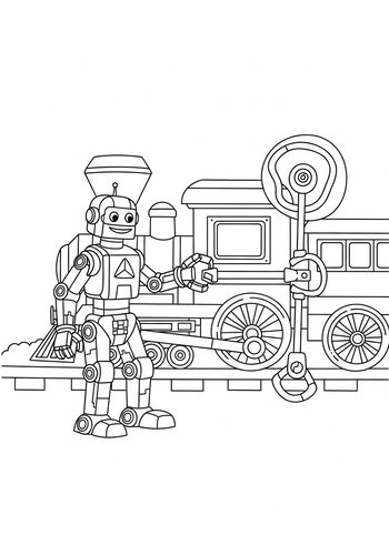 Robot And Train Coloring Page For Kids