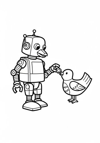 Robot Friend Feeding Bird - Coloring Page Fun