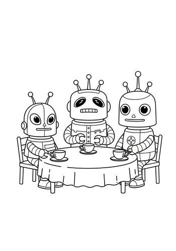 Robot Tea Party Coloring Page