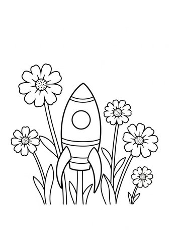 Rocket In A Flower Field Coloring Page