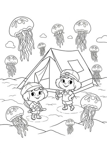 Sandy Cheeks Camping In A Jellyfish Field Coloring Page
