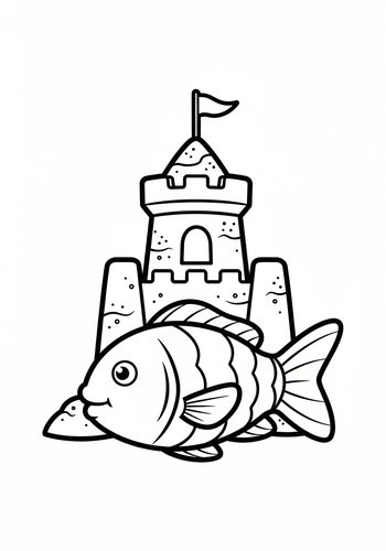 Seaside Fun: Fish And Sandcastle Coloring Page