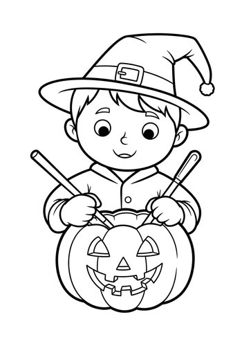 Coloring Page: Sebastian Carving A Pumpkin With A Funny Face For Halloween Coloring Page