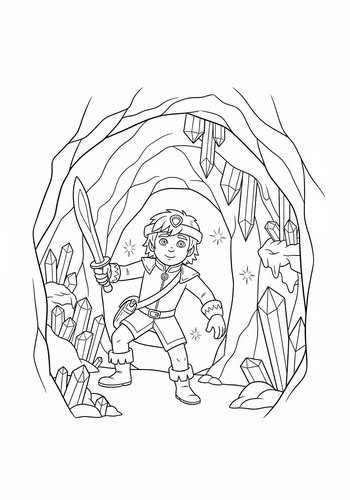 Coloring Page: Sebastian Exploring A Cave Filled With Glowing Crystals Coloring Page