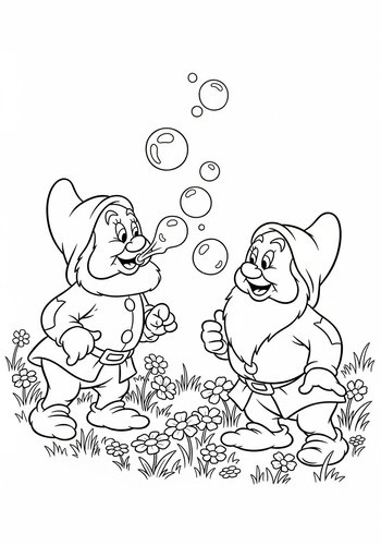 Seven Dwarfs Blowing Bubbles In A Field Of Wildflowers. Coloring Page