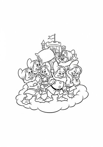 Seven Dwarfs Having A Pillow Fight In A Cloud Castle Coloring Page