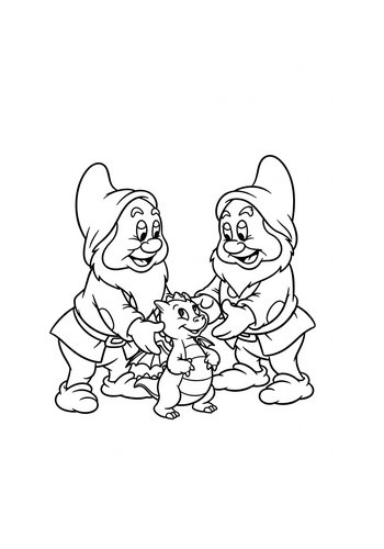 Seven Dwarfs Help A Lost Baby Dragon Find Its Mother Coloring Page