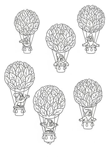 Seven Dwarfs In Leaf Balloons: Coloring Page Fun