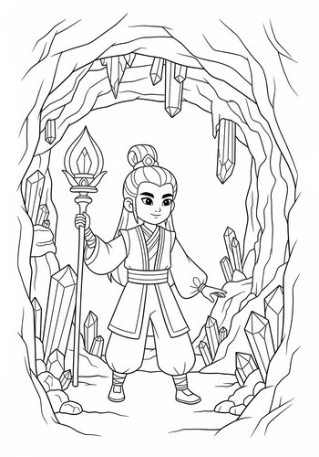 Shan Yu Exploring A Magical Cave Filled With Crystals - Coloring Page