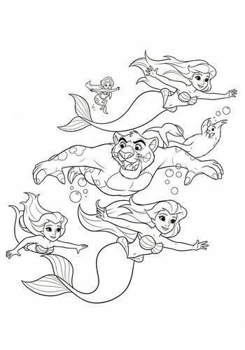 Coloring Page: Shere Khan Swimming With Mermaids In An Underwater Kingdom Coloring Page