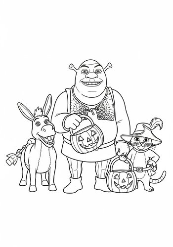 Shrek, Donkey And Puss In Boots Trick-or-treating Coloring Page