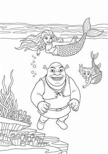 Shrek Exploring An Underwater Kingdom With Mermaids - Coloring Page