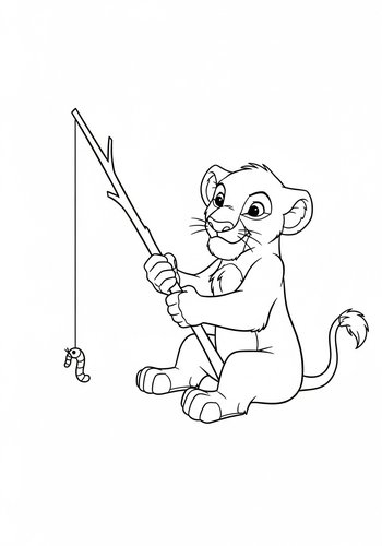 Simba Fishing Fun: 'simba Fishing With A Stick And A Worm' Coloring Page