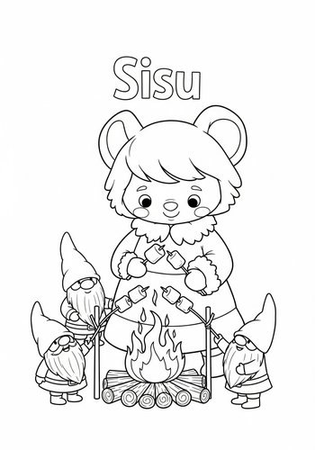 Coloring Page: Sisu Roasting Marshmallows Over A Campfire With Friendly Gnomes - Coloring Page