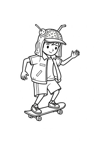 Skateboarder Boy With Ice Cream Hat Coloring Page
