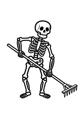Skeleton Raking Leaves Coloring Page