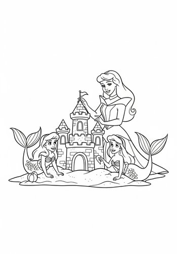 Sleeping Beauty Building A Sandcastle With Mermaids Coloring Fun