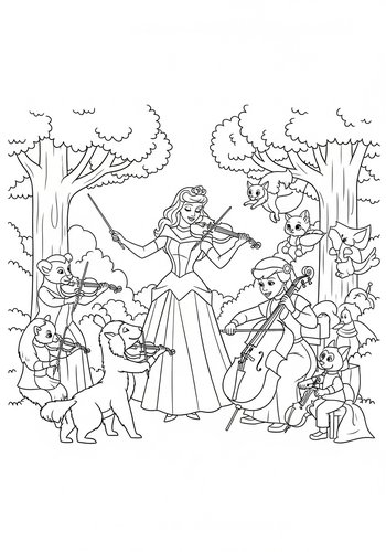 Sleeping Beauty Conducting An Orchestra Of Forest Animals Coloring Page