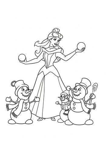Sleeping Beauty Having A Snowball Fight With Snowmen Coloring Page