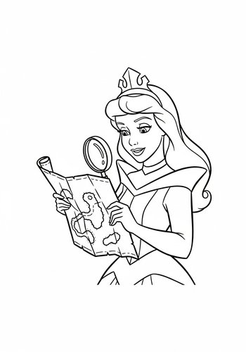 Coloring Page: Sleeping Beauty Looking At A Map With A Magnifying Glass Coloring Page