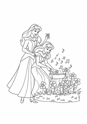 Sleeping Beauty Planting A Magical Garden With Singing Flowers Coloring Page