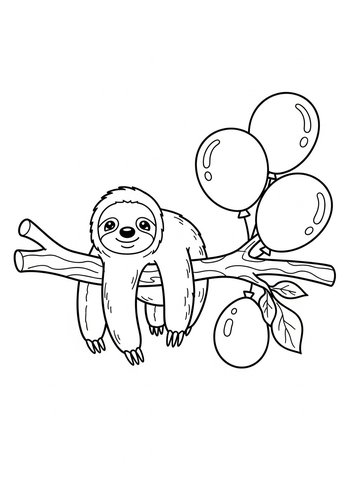 Sloth With Balloons Coloring Page For Kids