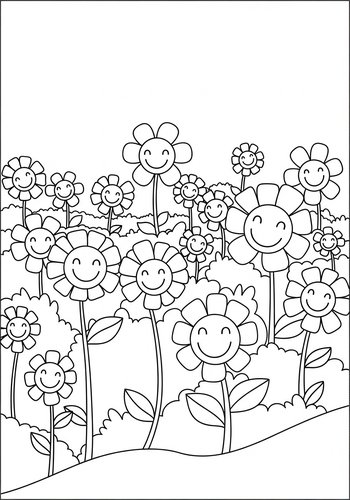 Smiling Flower Garden Coloring Page