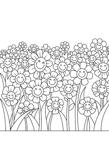 Smiling Flowers Coloring Page Fun