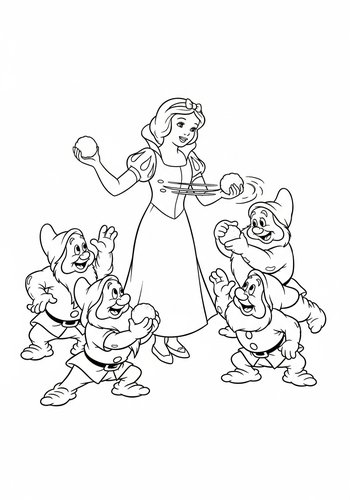 Snow White And The Dwarfs Having A Snowball Fight Coloring Page