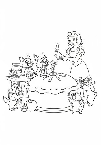 Coloring Page: Snow White Baking A Giant Apple Pie With Forest Animals Coloring Page