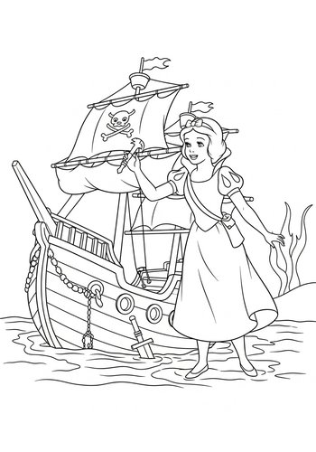 Snow White Exploring A Sunken Pirate Ship: Coloring Page Adventure