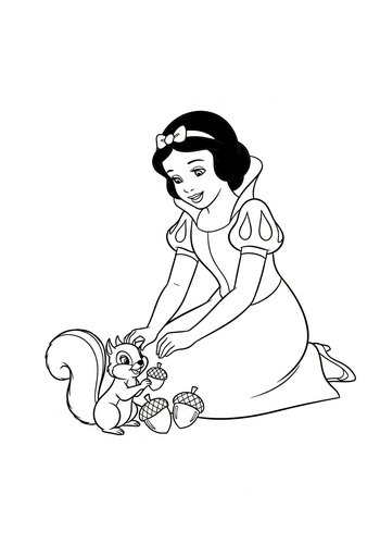 Snow White Helping A Squirrel Bury Acorns Coloring Page