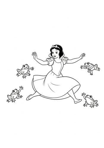 Snow White Playing Leapfrog With Frogs Coloring Page