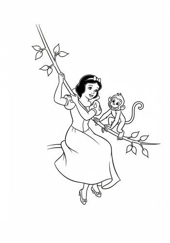 Snow White Swinging From A Vine With A Monkey: A Coloring Adventure