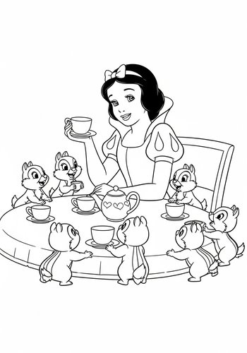 Snow White's Enchanting Tea Party With Seven Playful Chipmunks - Coloring Page