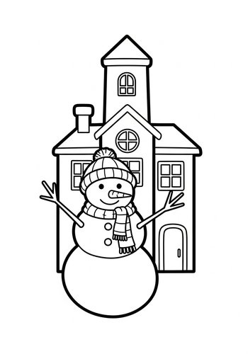 Snowman And Winter House Coloring Page