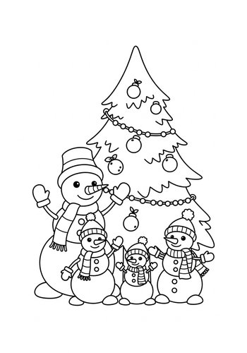 Snowman Family Decorating Christmas Tree Coloring Page
