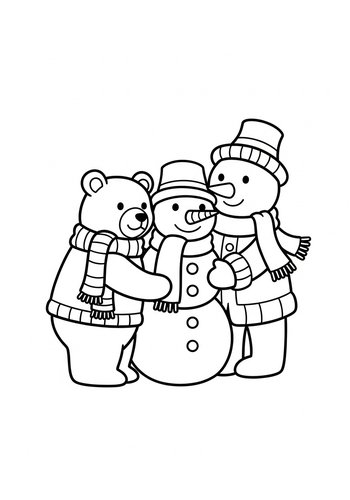 Snowy Friends: Bear And Snowmen Coloring Page