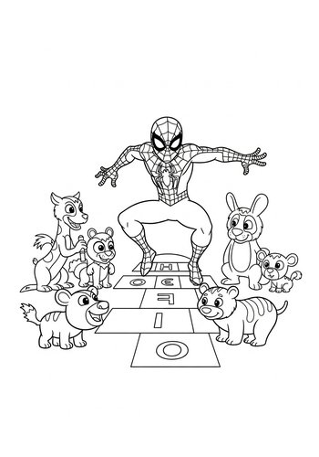 Spider-man Playing Hopscotch With Cartoon Animals - Coloring Page