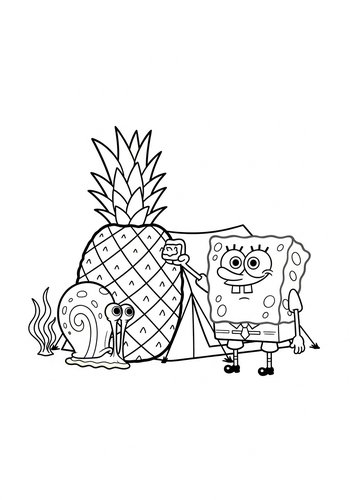 Spongebob Camping With Gary The Snail In A Pineapple Under The Sea - Coloring Page
