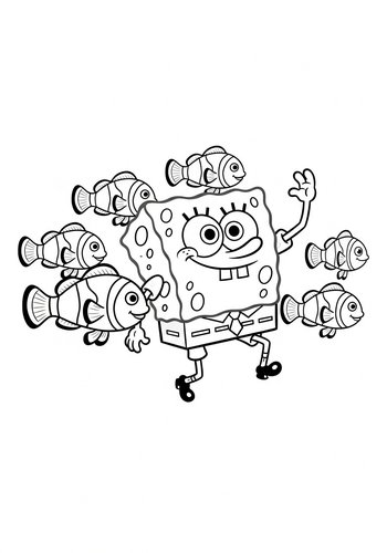 Coloring Page: Spongebob Playing Tag With A School Of Clownfish - Coloring Page