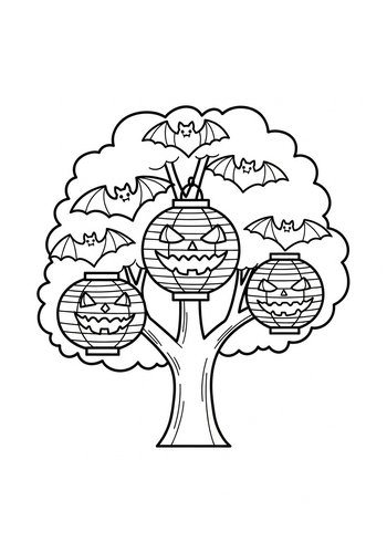 Spooky Lantern Tree Halloween Coloring Page
