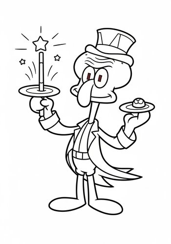 Coloring Page: Squidward Performing Magic Tricks With A Magic Wand Coloring Page