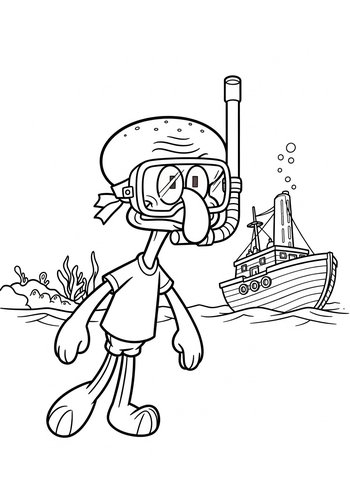 Squidward's Underwater Adventure: Exploring A Sunken Ship Coloring Page