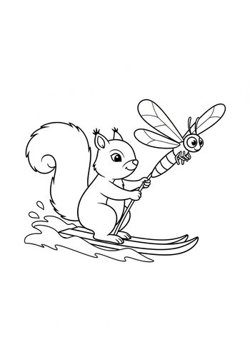 Squirrel And Dragonfly Waterskiing Coloring Page