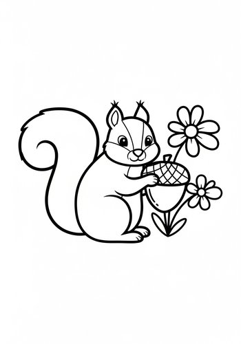 Squirrel With Acorn And Flowers Coloring Page