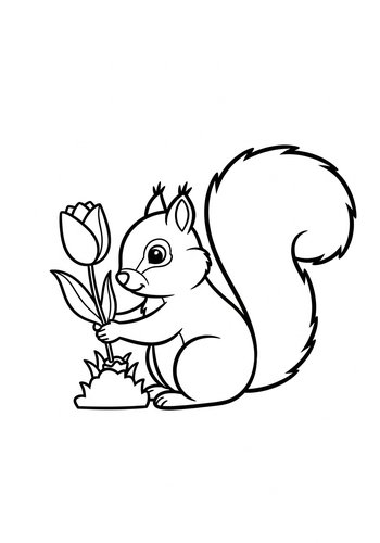 Squirrel With Flower Coloring Page For Kids