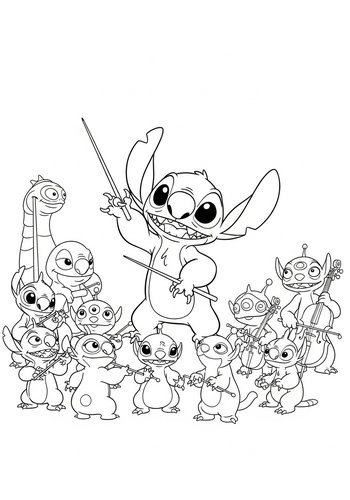 Stitch Conducting An Orchestra Of Alien Creatures Coloring Page