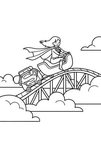 Supergirl Riding A Rollercoaster Made Of Clouds - Coloring Page Fun